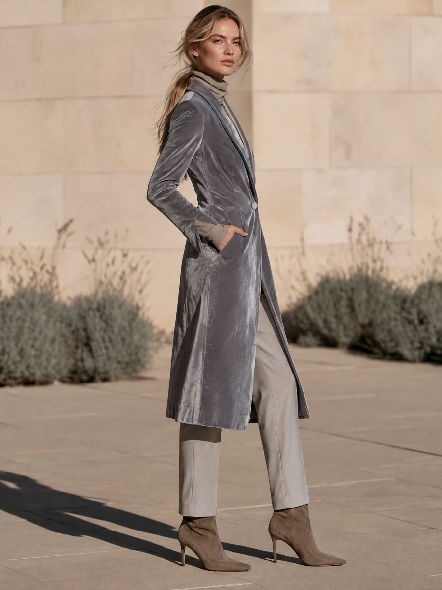 Women's Gray Velvet-Look Shawl Collar Single-Button Longline Coat