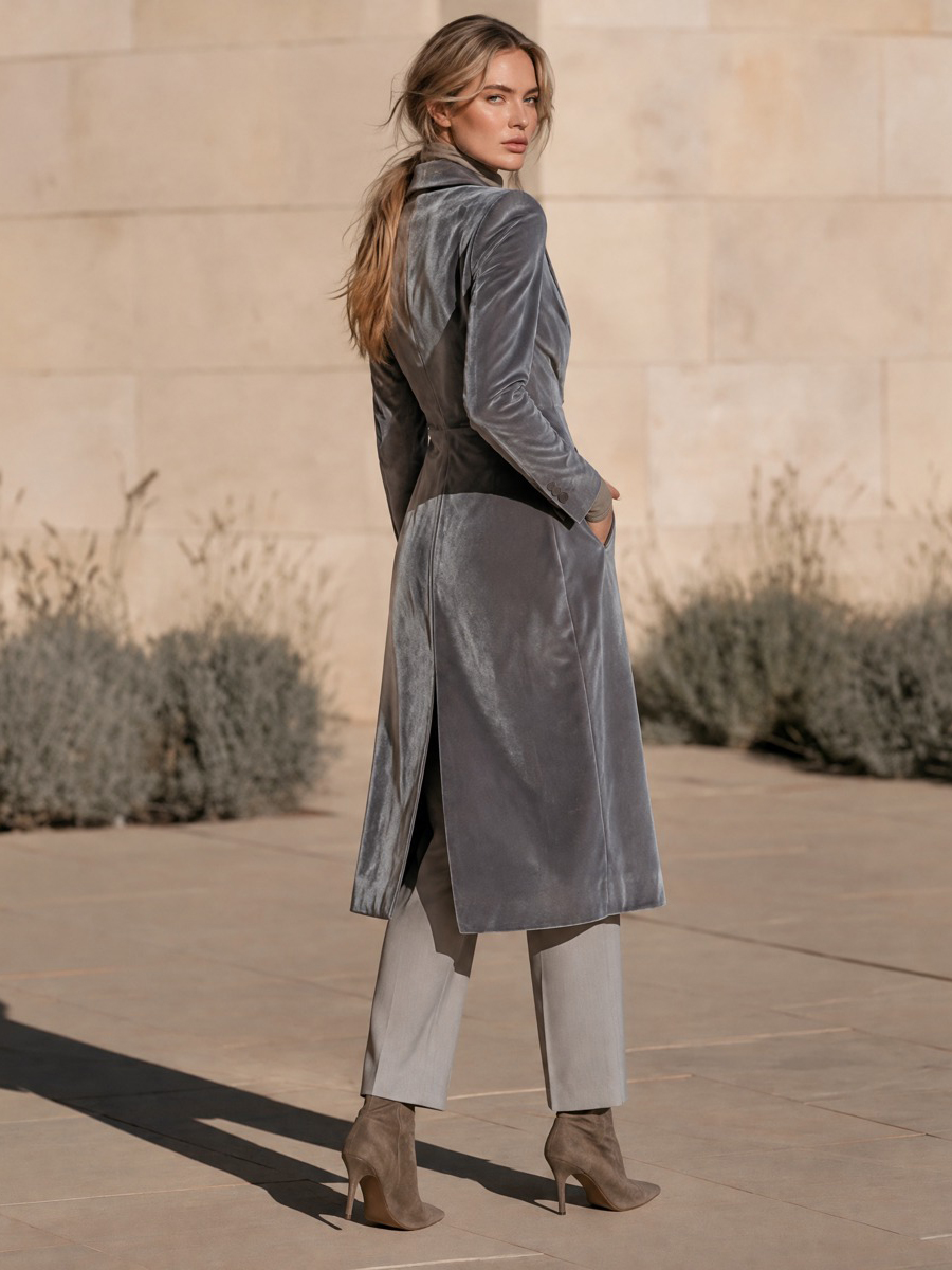 Women's Gray Velvet-Look Shawl Collar Single-Button Longline Coat