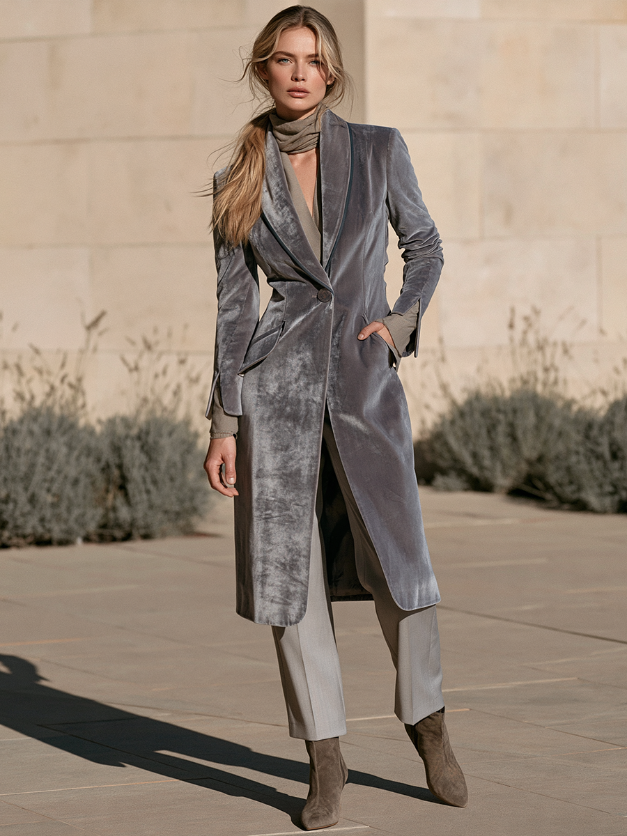 Women's Gray Velvet-Look Shawl Collar Single-Button Longline Coat