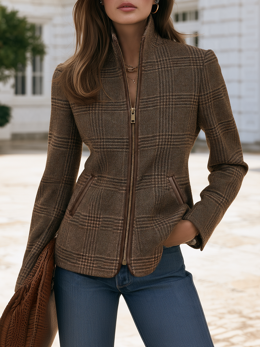 Brown Glen Plaid Stand Collar Gold Zip Leather-Trim Welt Pocket Nipped-Waist Tweed Jacket