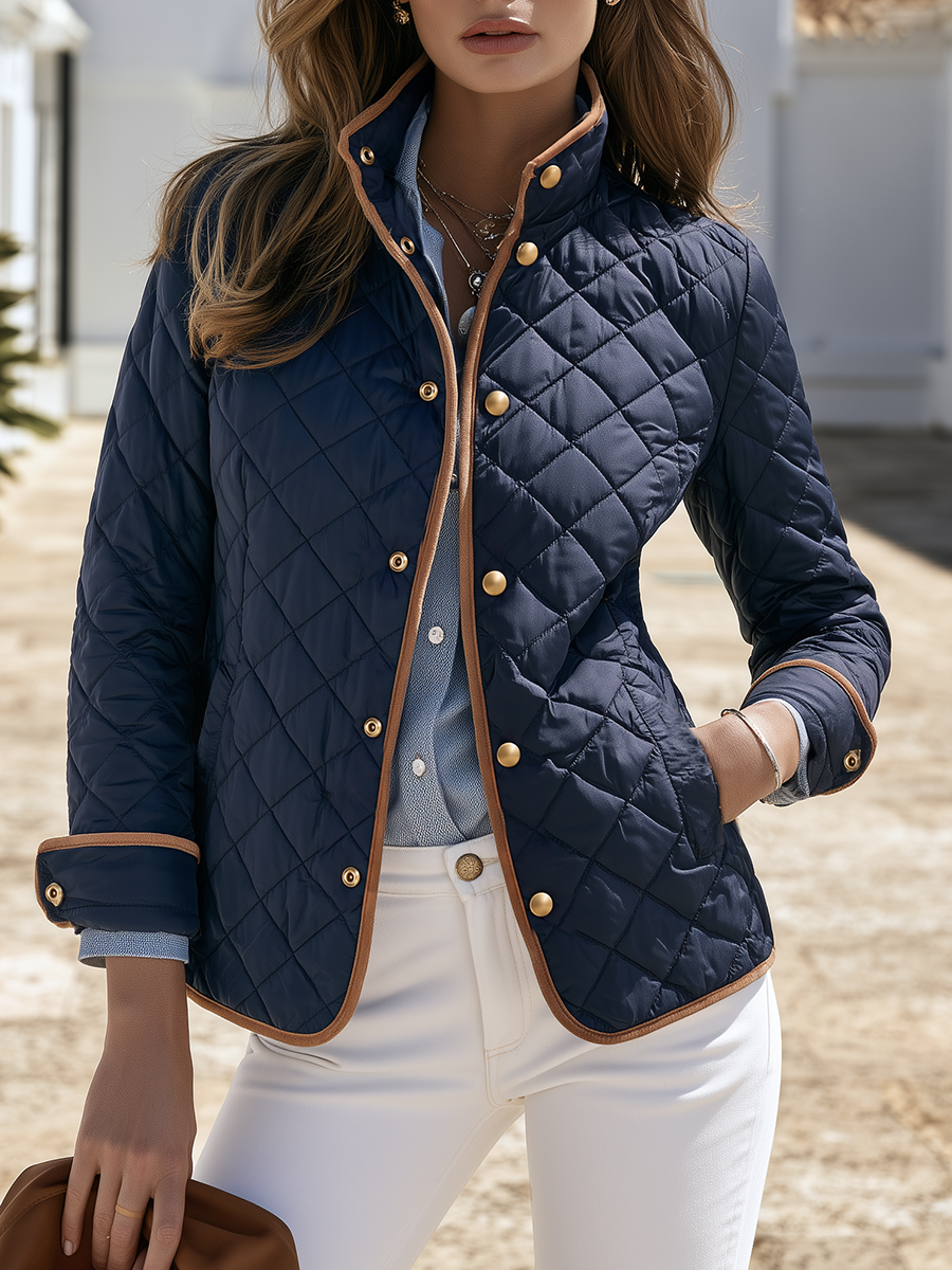 Old Money Navy Diamond Quilted Contrast Trim Stand Collar Jacket