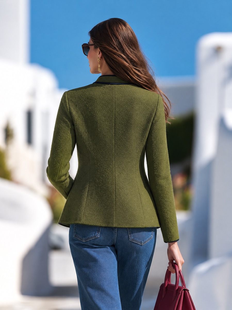 Old Money Stand-Collar Navy Piping and Gold Buttons Olive Green Textured Jacket