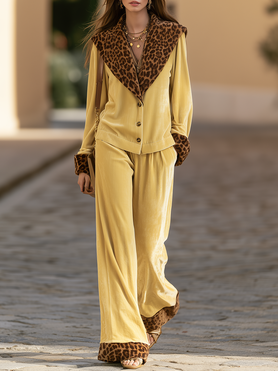 Resort-style Leopard Print Collared Long-sleeved Shirt And Trousers Set