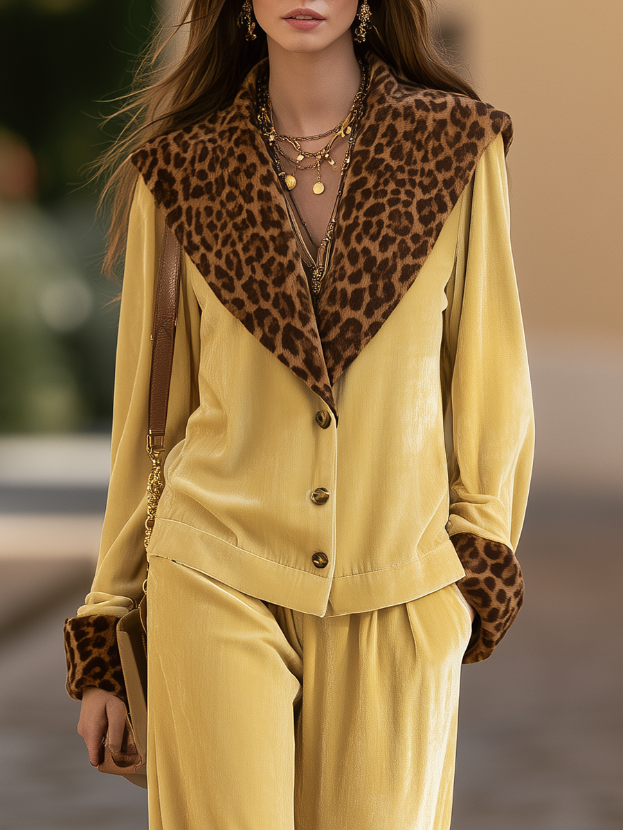 Resort-style Leopard Print Collared Long-sleeved Shirt And Trousers Set