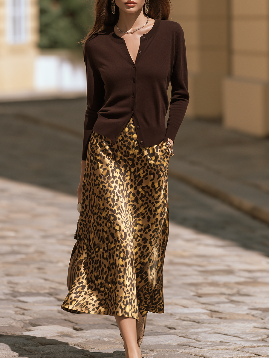Vacation-style V-neck Long-sleeve Top And Leopard-print Satin Skirt Set