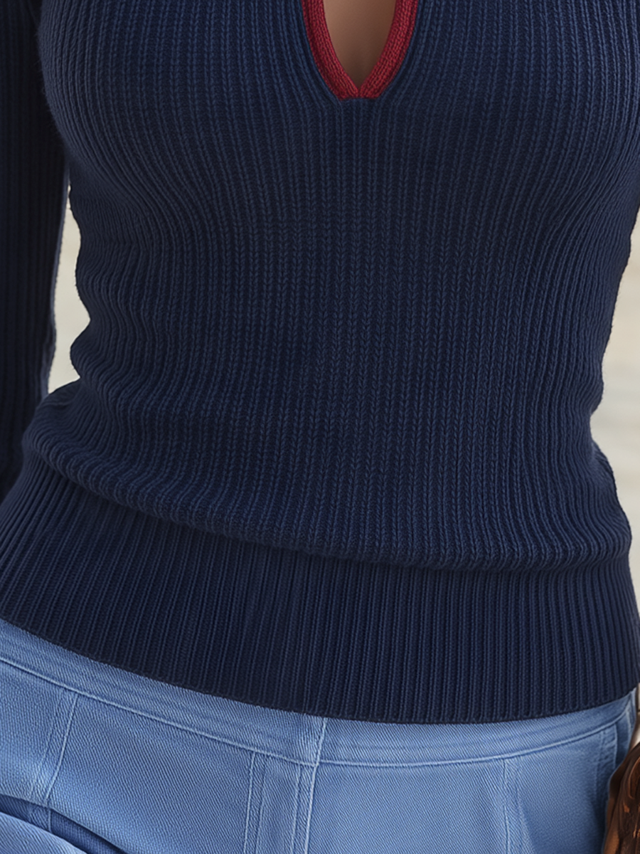Resort-style Color-blocked Collar Teardrop Neckline Design Sweater