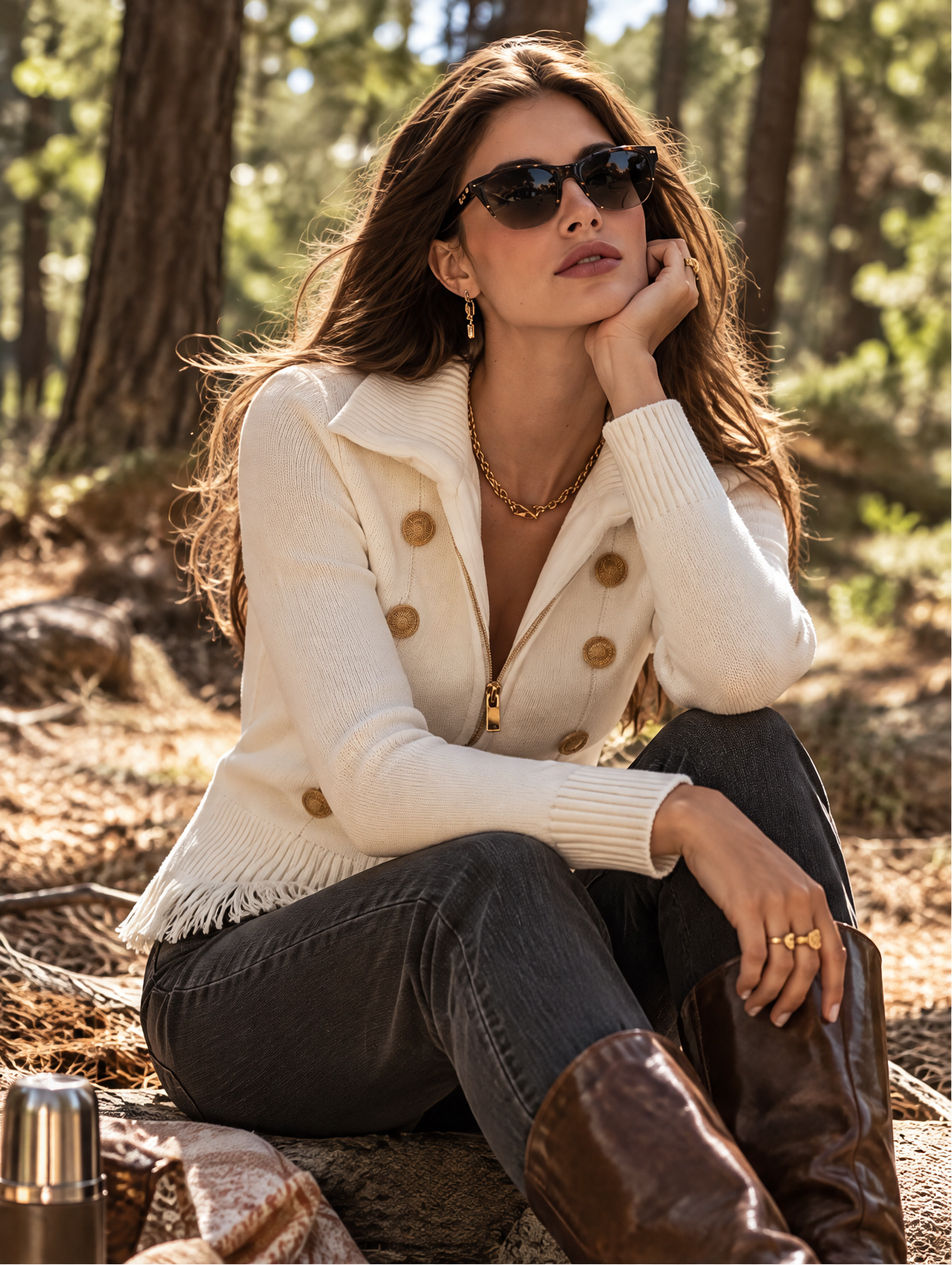 Resort-style Collared Zip-up Tassel Knit Cardigan