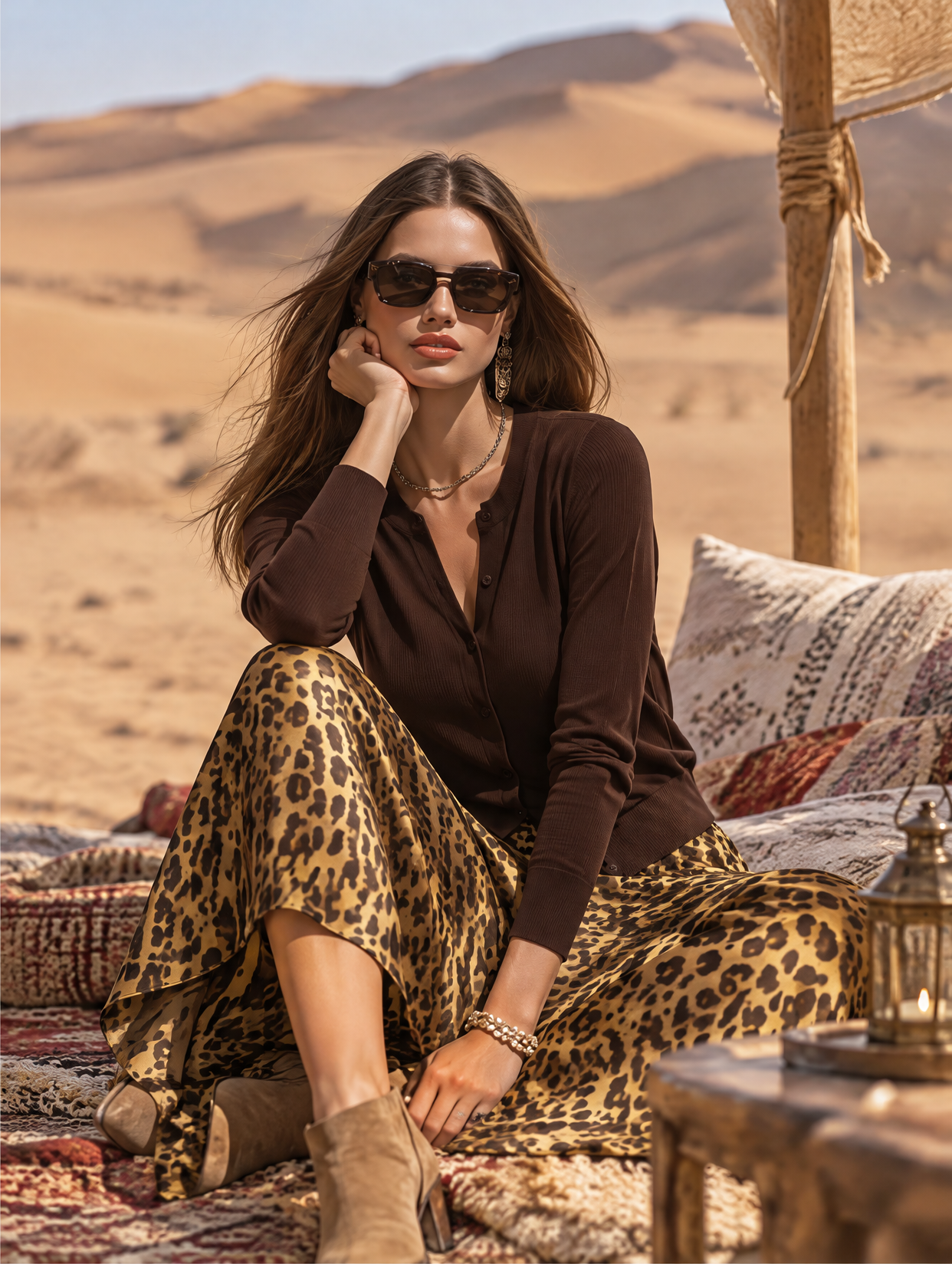 Vacation-style V-neck Long-sleeve Top And Leopard-print Satin Skirt Set