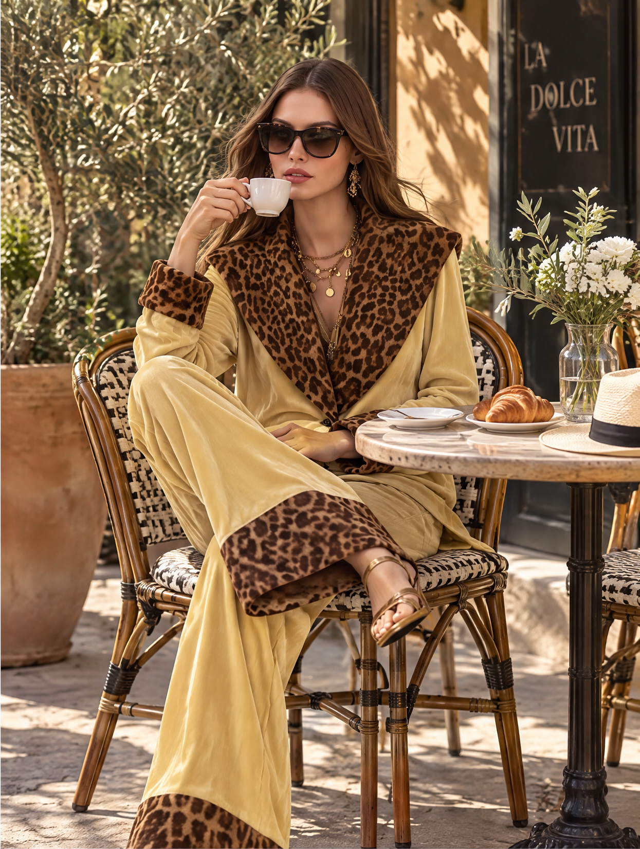 Resort-style Leopard Print Collared Long-sleeved Shirt And Trousers Set