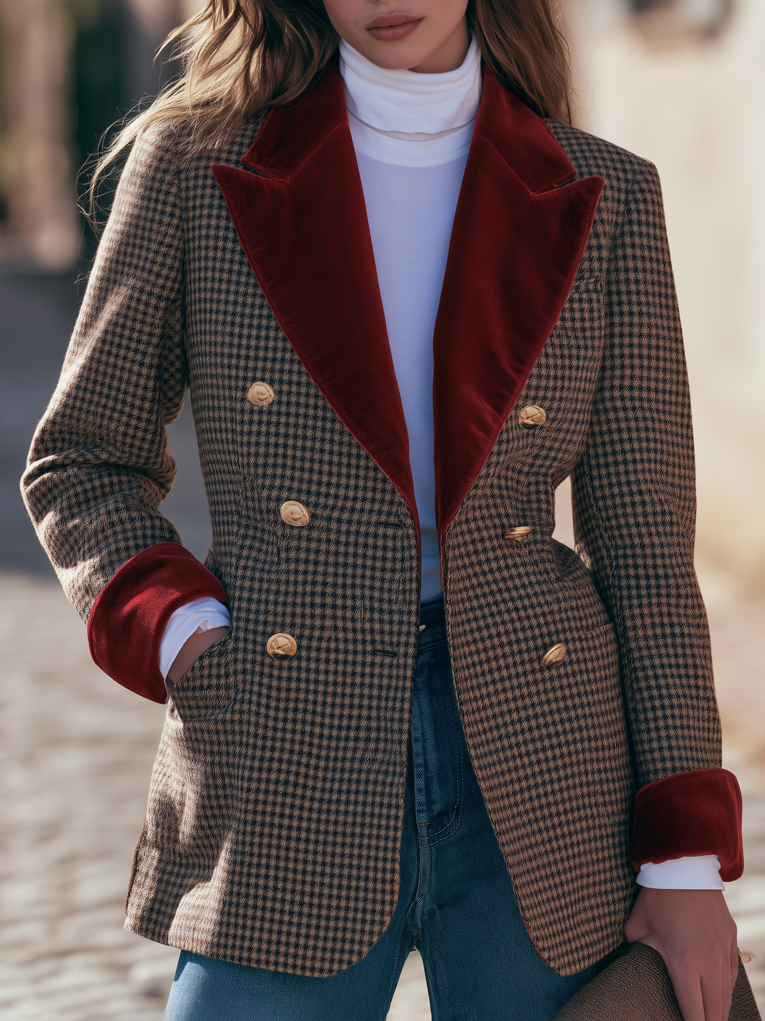 Vintage Retro Brown Houndstooth Velvet Contrast Lapel Blazer