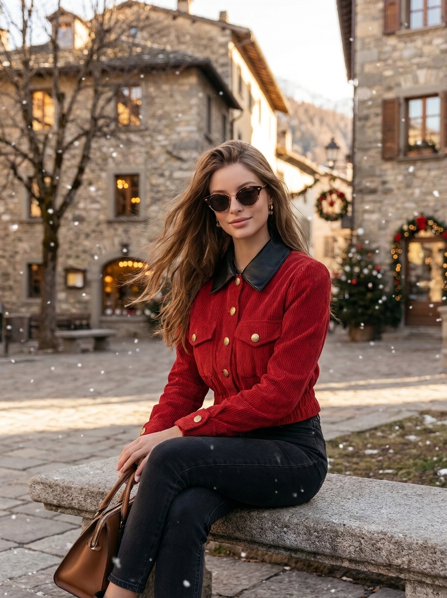 Vintage Retro Red Corduroy Faux Leather Collar Cropped Jacket