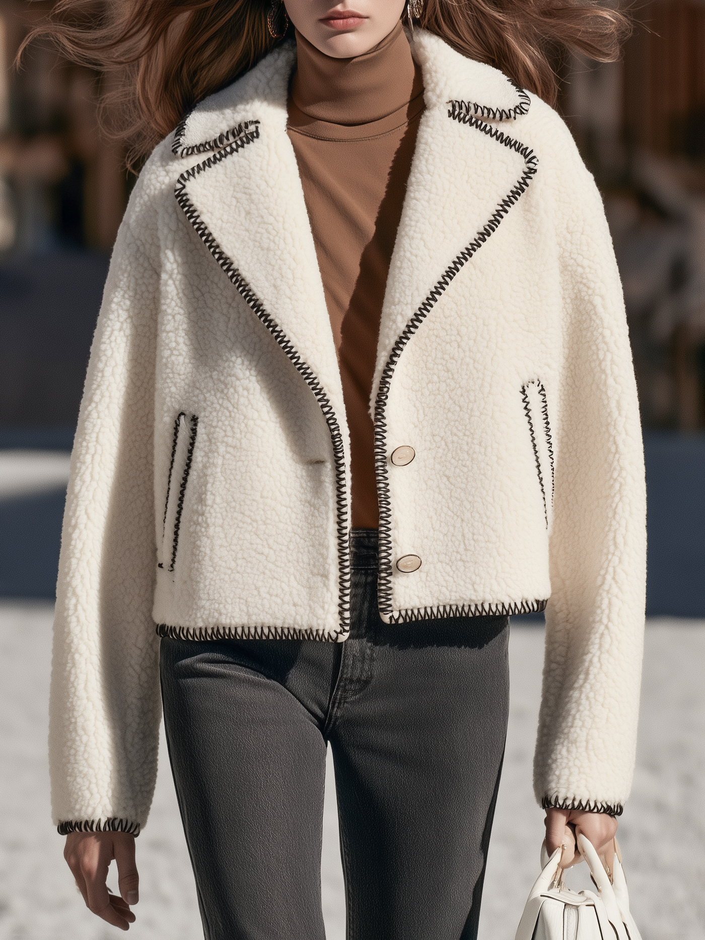 Casual Old Money Off White Faux Shearling Contrast Stitch Cropped Jacket