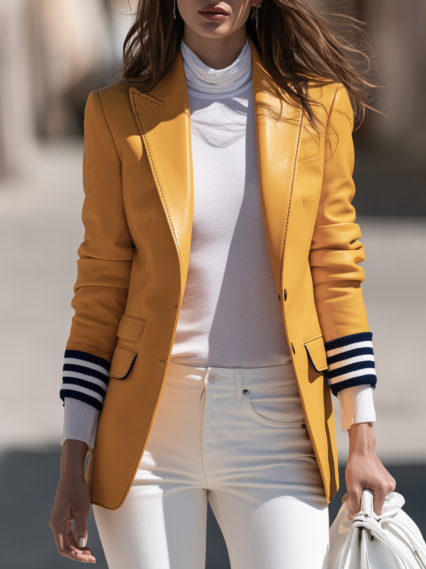 Preppy Riviera Nautical Mustard Yellow Faux Leather Striped Cuff Blazer