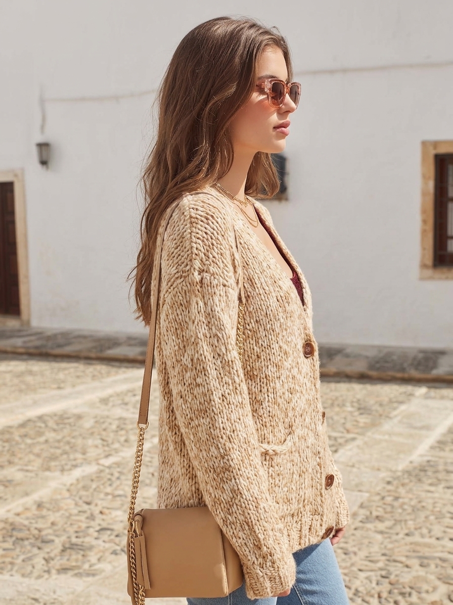 Old Money Boho Beige Marled Chunky Knit V Neck Cardigan