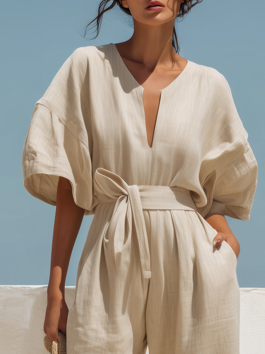 Loose-fitting Beige Cotton-linen Short-sleeved Wide-leg Jumpsuit