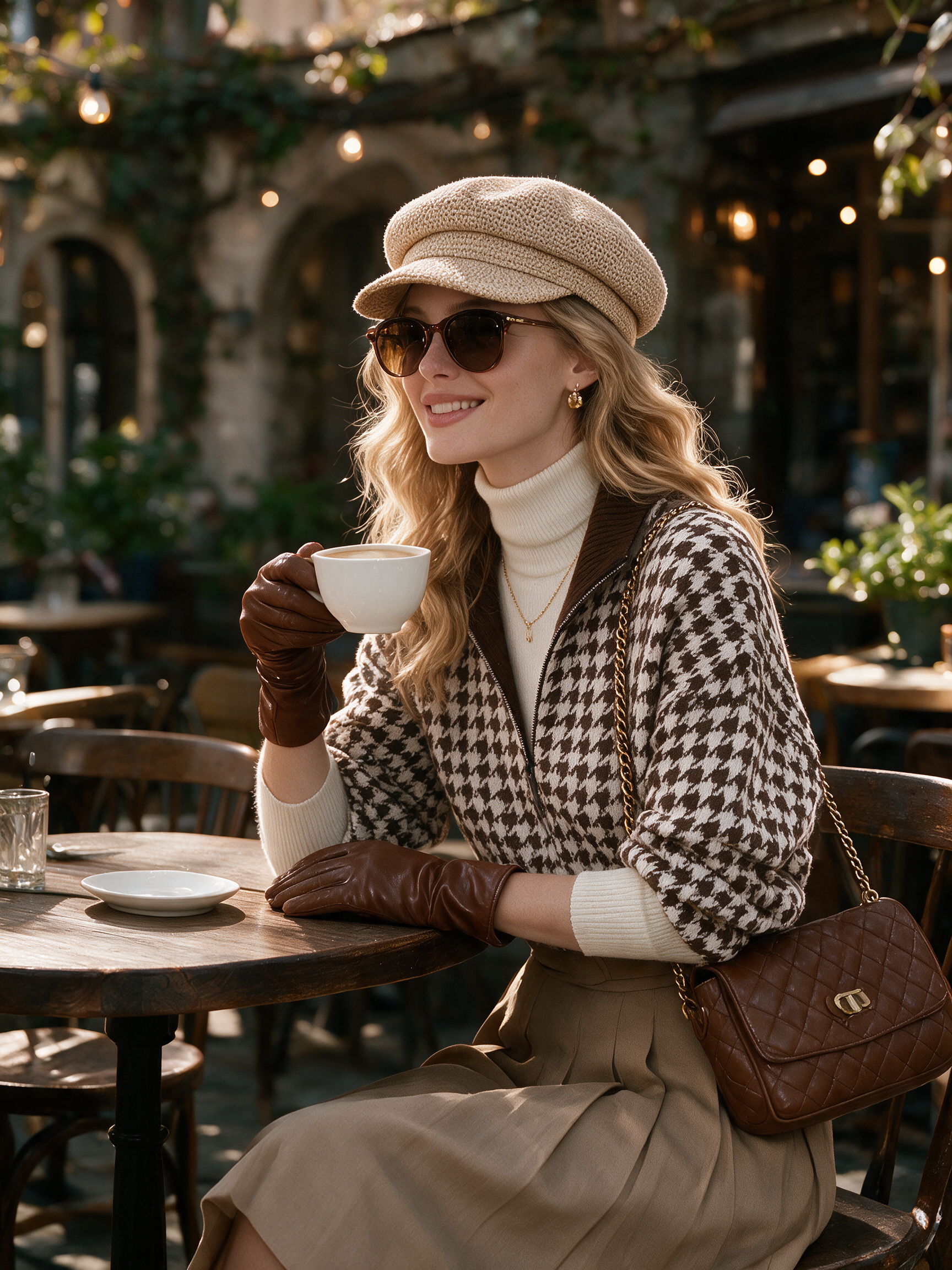 Vintage Old Money Brown Houndstooth Knit Zip-Up Jacket