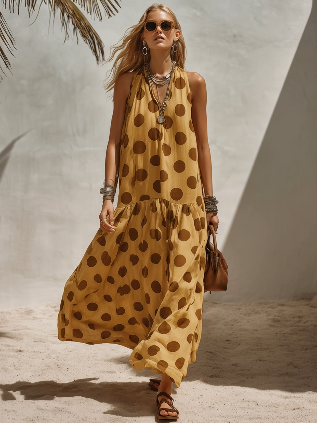 Casual Vacation Brown Polka Dot Yellow Sleeveless Maxi Dress