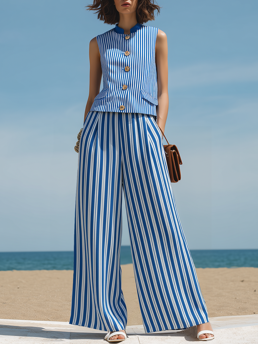 Resort-style Blue Striped Sleeveless Top And Trousers Set
