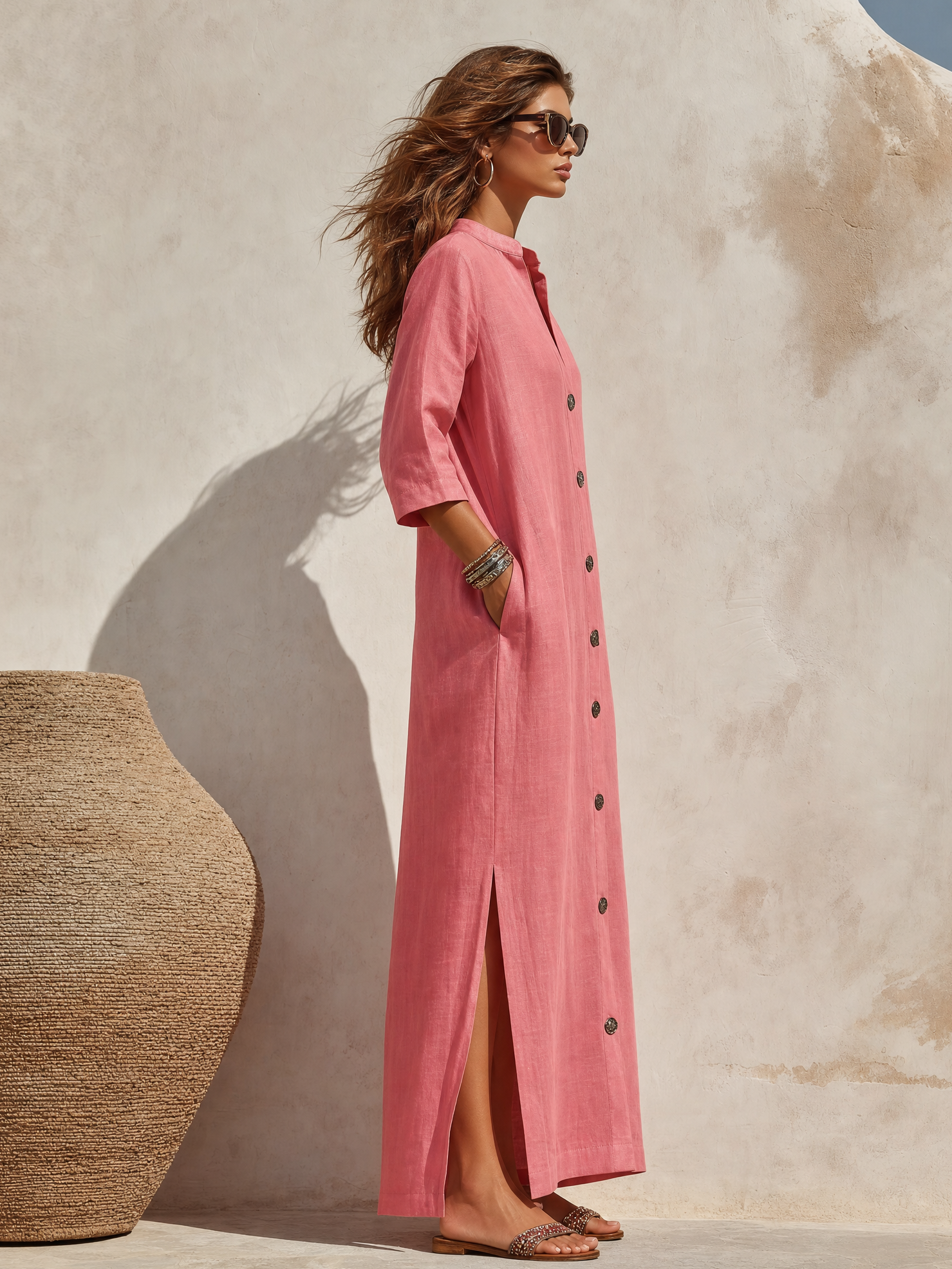 High-end Elegant Stand-up Collar Solid Color Three-quarter Sleeves Midi Shirt Dress
