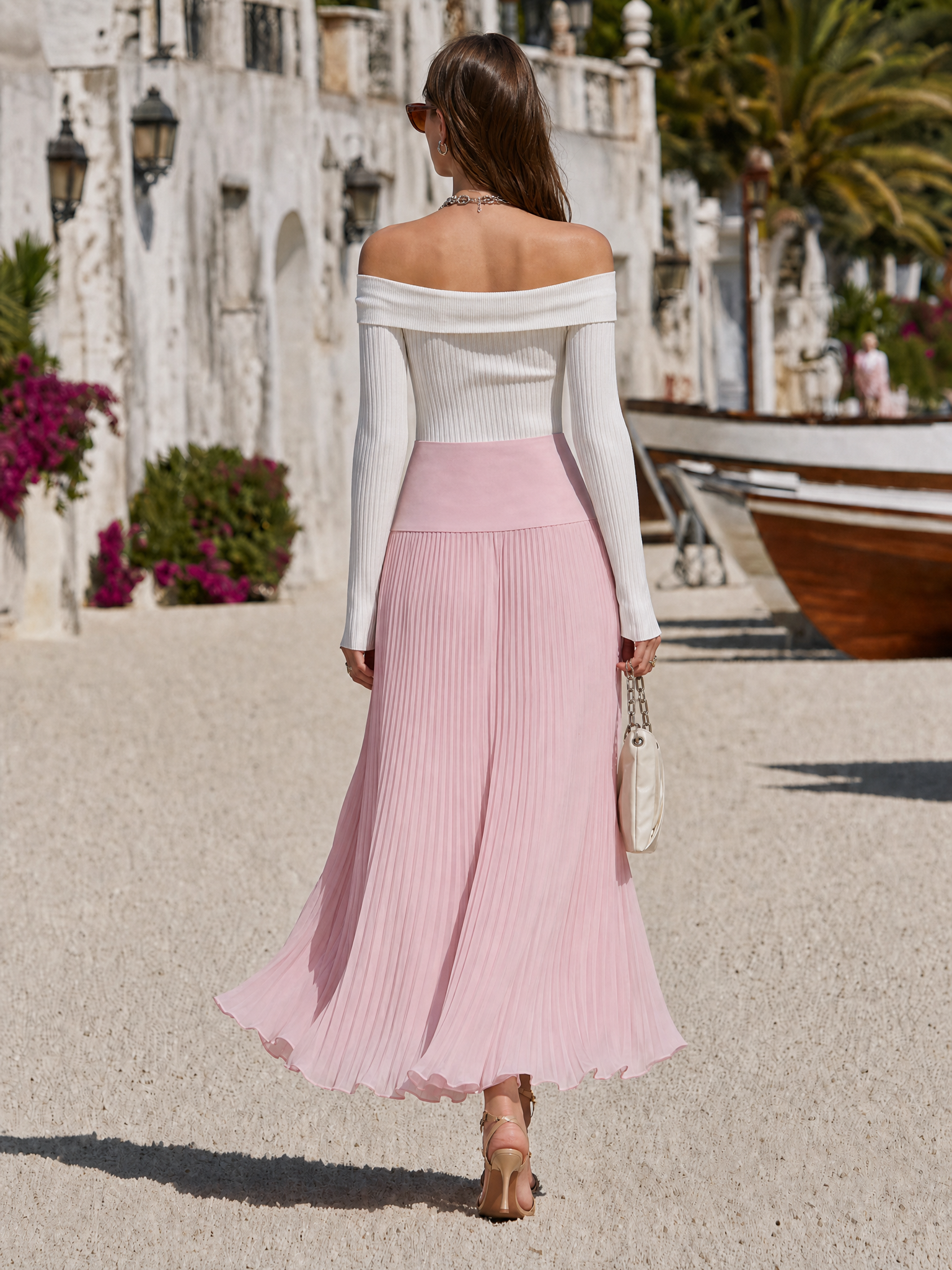 Resort-style Off-shoulder Long-sleeve Knit Top And Pleated Skirt Set