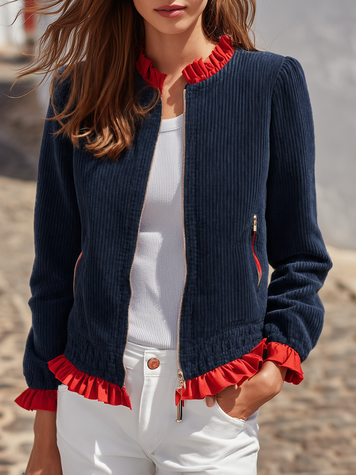 French Retro Vibe Navy Corduroy Red Ruffle Trim Cropped Jacket