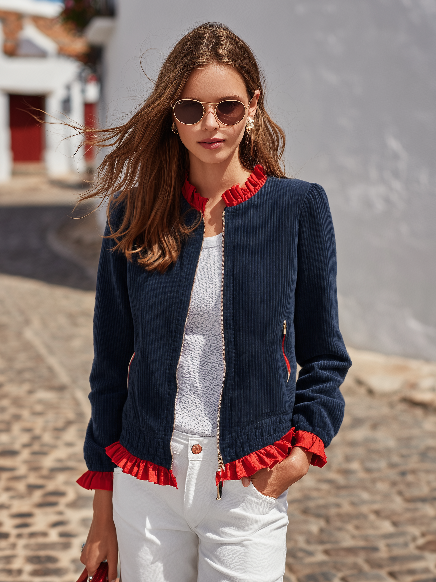 French Retro Vibe Navy Corduroy Red Ruffle Trim Cropped Jacket
