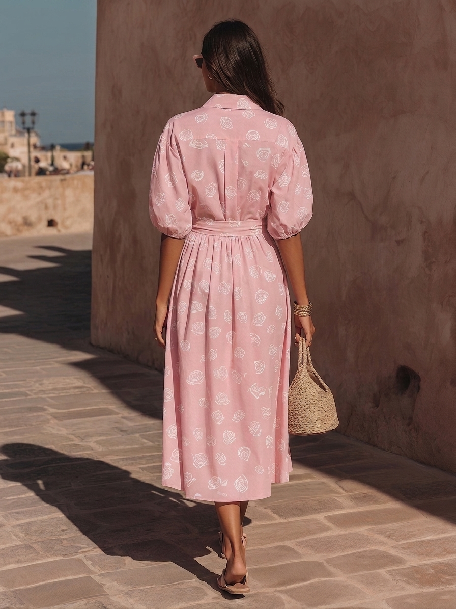 Romantic Resort Light Woven Fabric Pink White Rose Print Collar Puff Sleeve Tie Waist Shirt Midi Dress