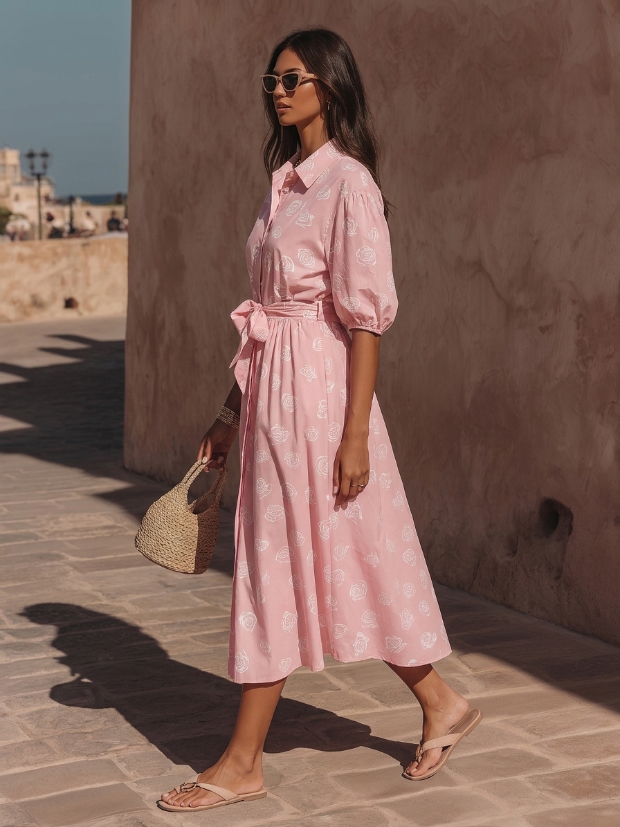 Romantic Resort Light Woven Fabric Pink White Rose Print Collar Puff Sleeve Tie Waist Shirt Midi Dress