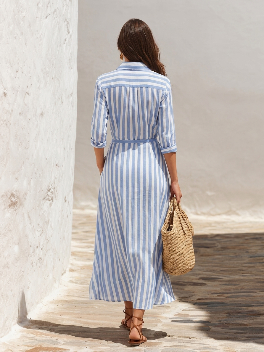 Minimalist Coastal Linen Blend Blue White Stripe Belted Lapel Midi Shirt Dress
