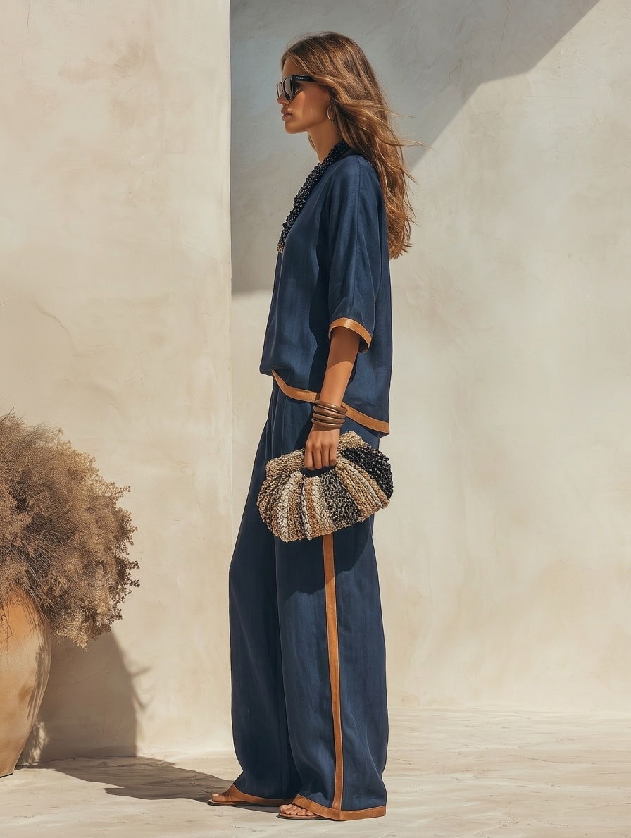 Vintage Coastal Resort Woven Navy Contrast Tan Trim Half Sleeve Top & Side Stripe Wide Leg Pant Two Piece Set