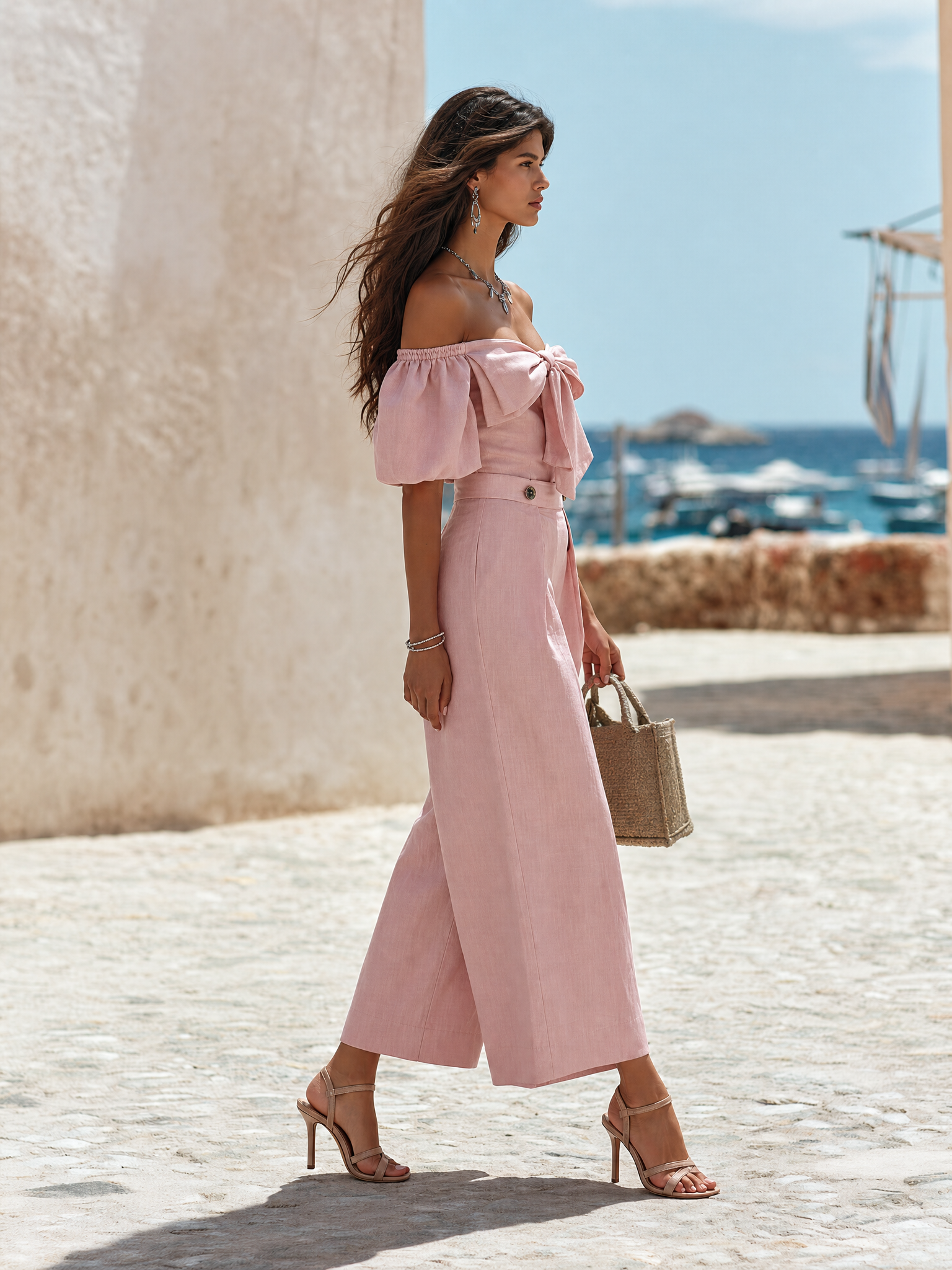 Vacation-style Off-shoulder Short-sleeve Bow-detail Jumpsuit