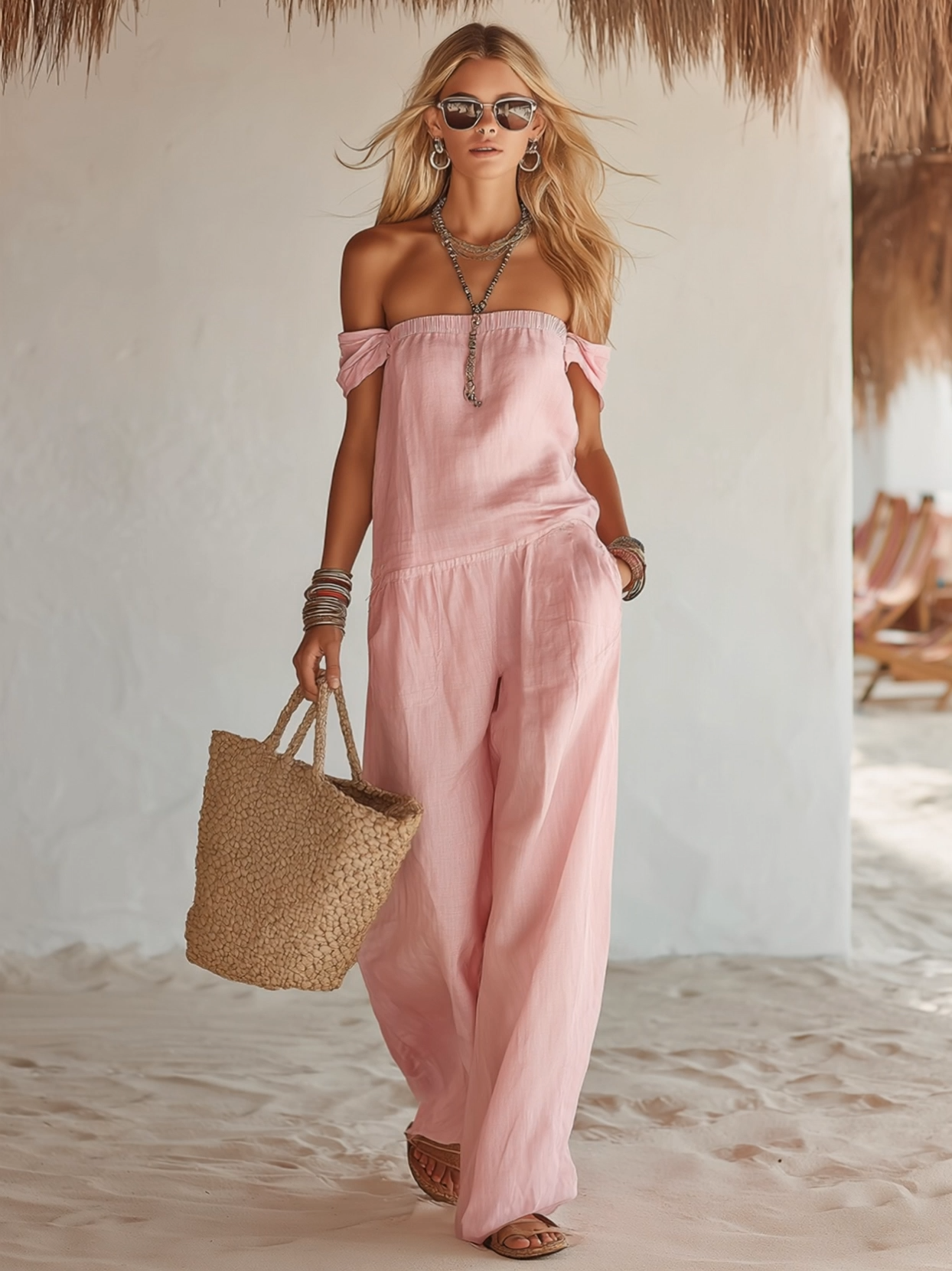 Bohemian Vacation Pink Cotton Linen Off-shoulder Loose Jumpsuit