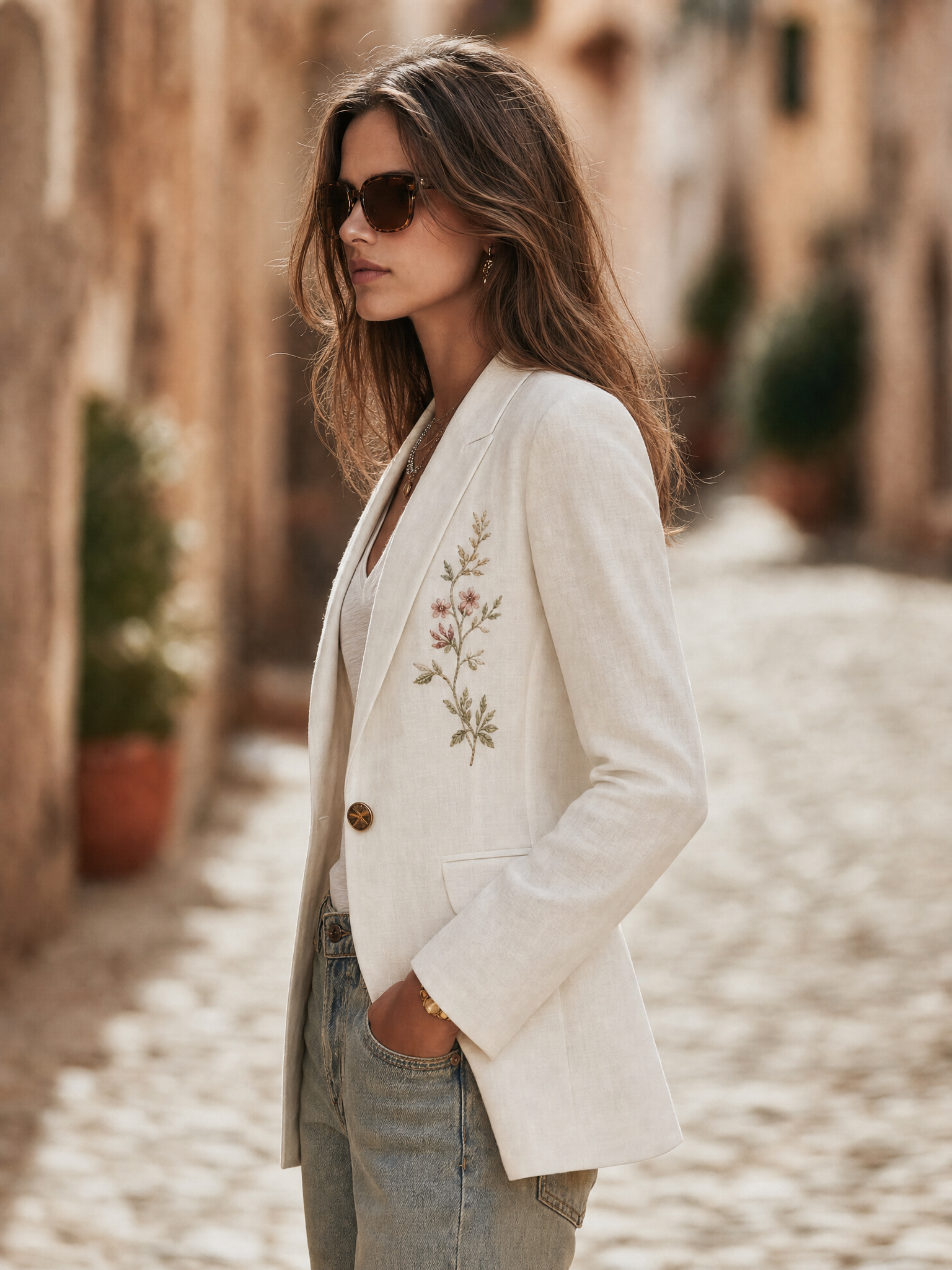 Vacation Casual Floral Embroidered Cotton Linen Blazer