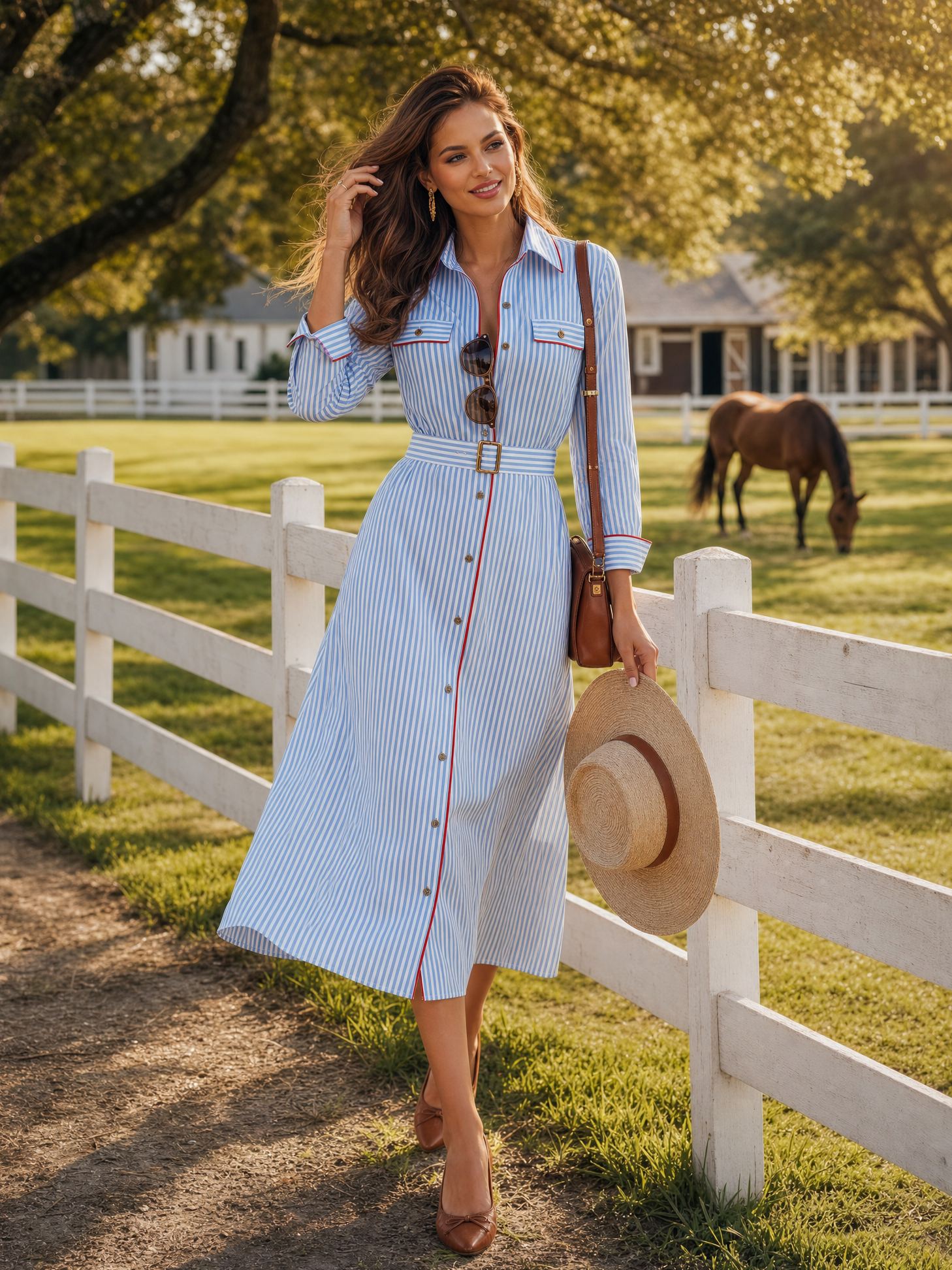 Elegant Color-blocked Trim Striped Long-sleeved Shirt Dress