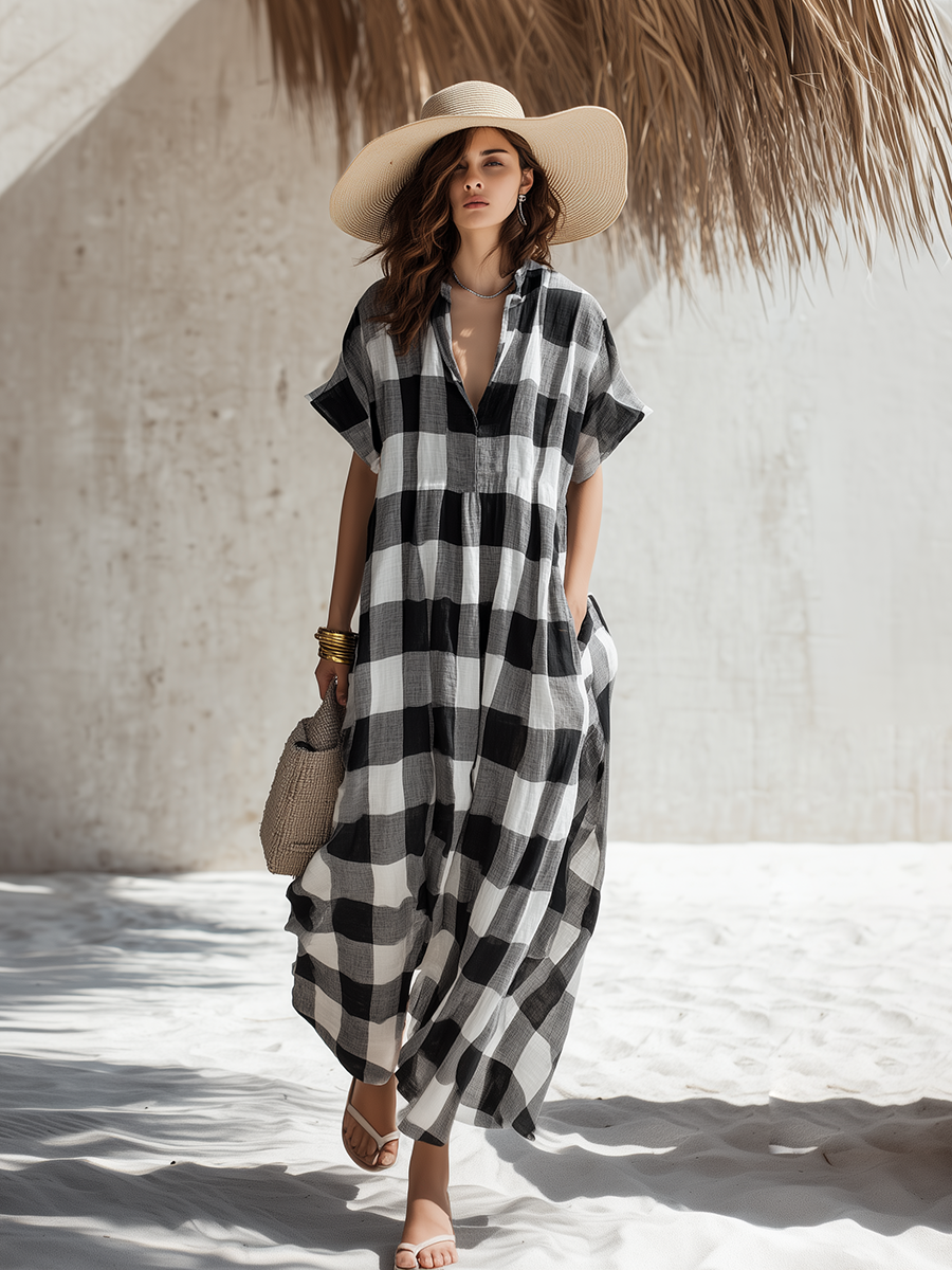 Simple Casual Short-Sleeve Black & White Plaid Cotton-Linen Maxi Dress