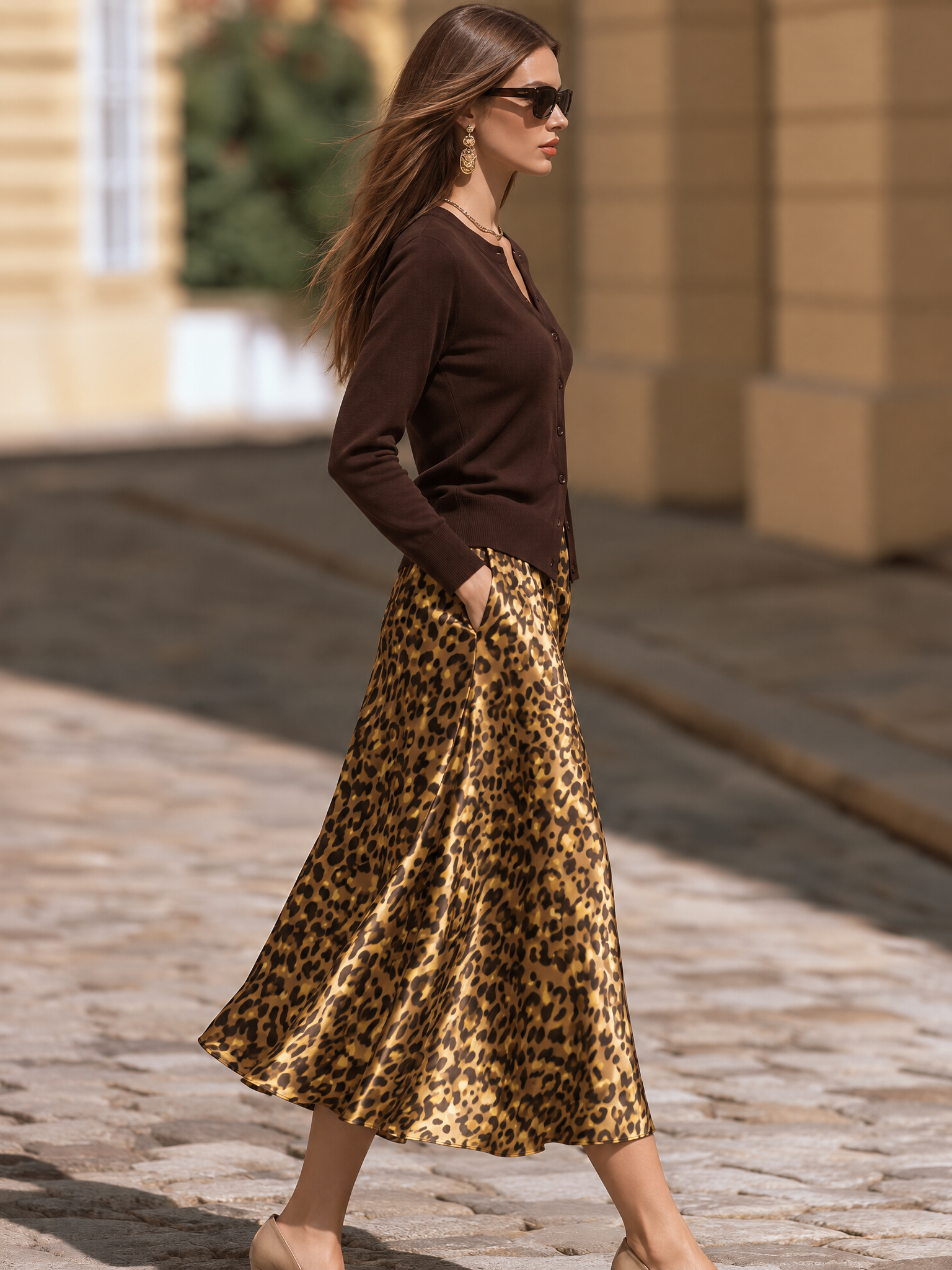 Vacation-style V-neck Long-sleeve Top And Leopard-print Satin Skirt Set