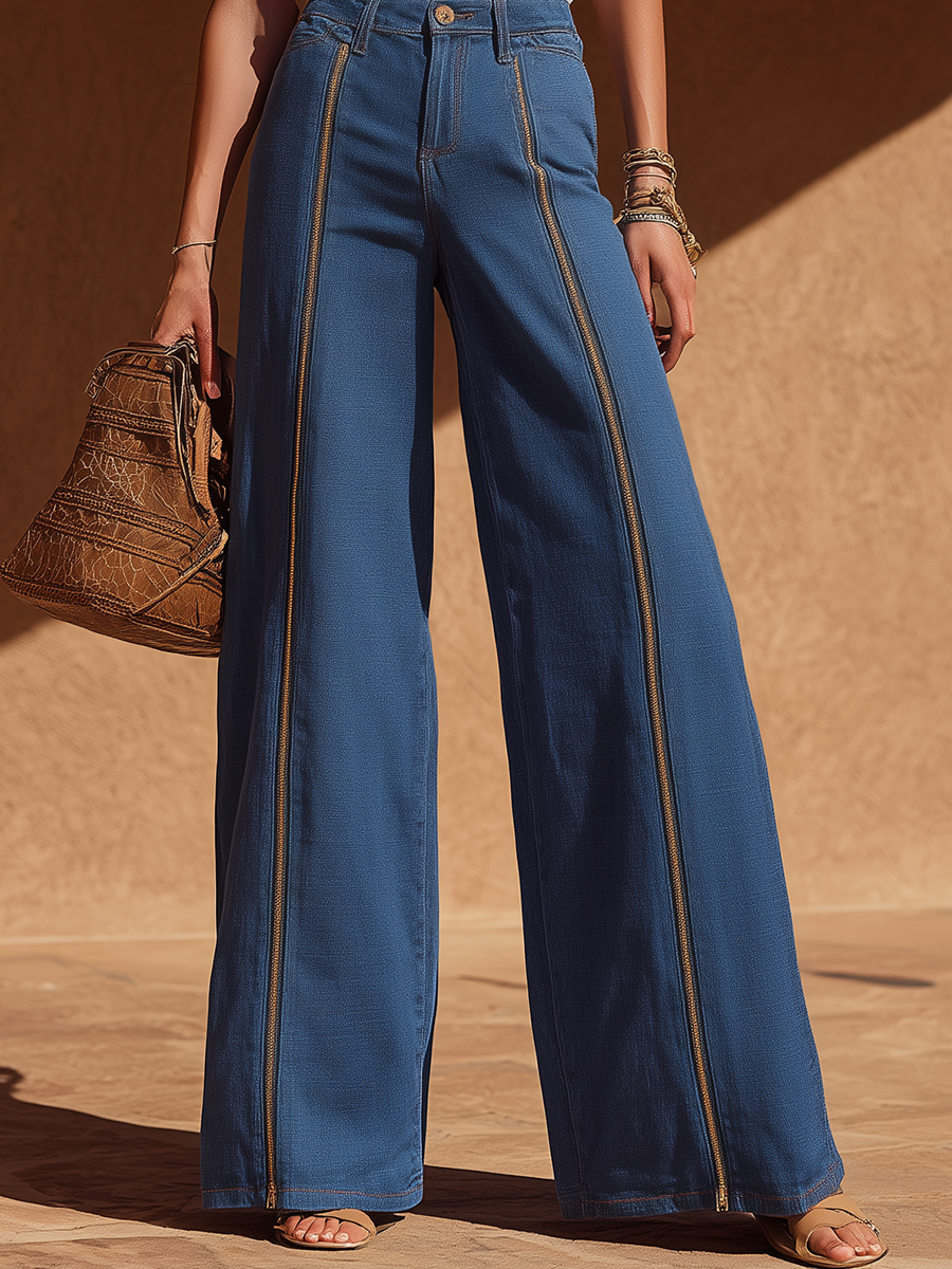 Resort-style High-waisted Denim Zipper Wide-leg Trousers