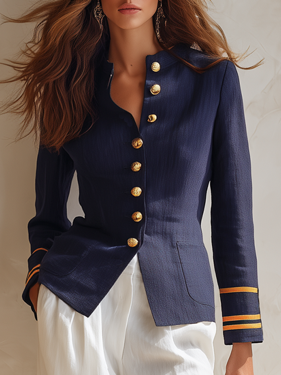 Resort-style Stand-up Collar Button-down Long-sleeved Color-blocked Jacket
