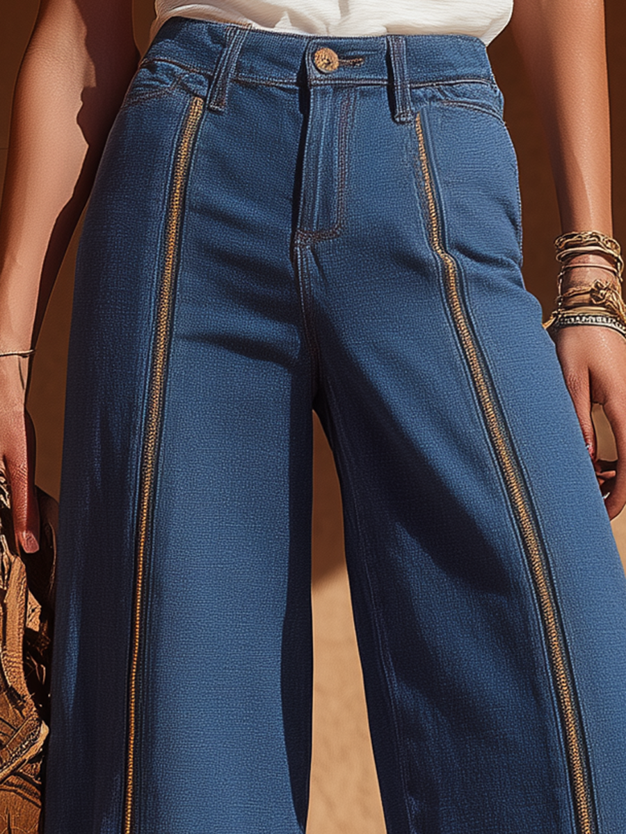 Resort-style High-waisted Denim Zipper Wide-leg Trousers