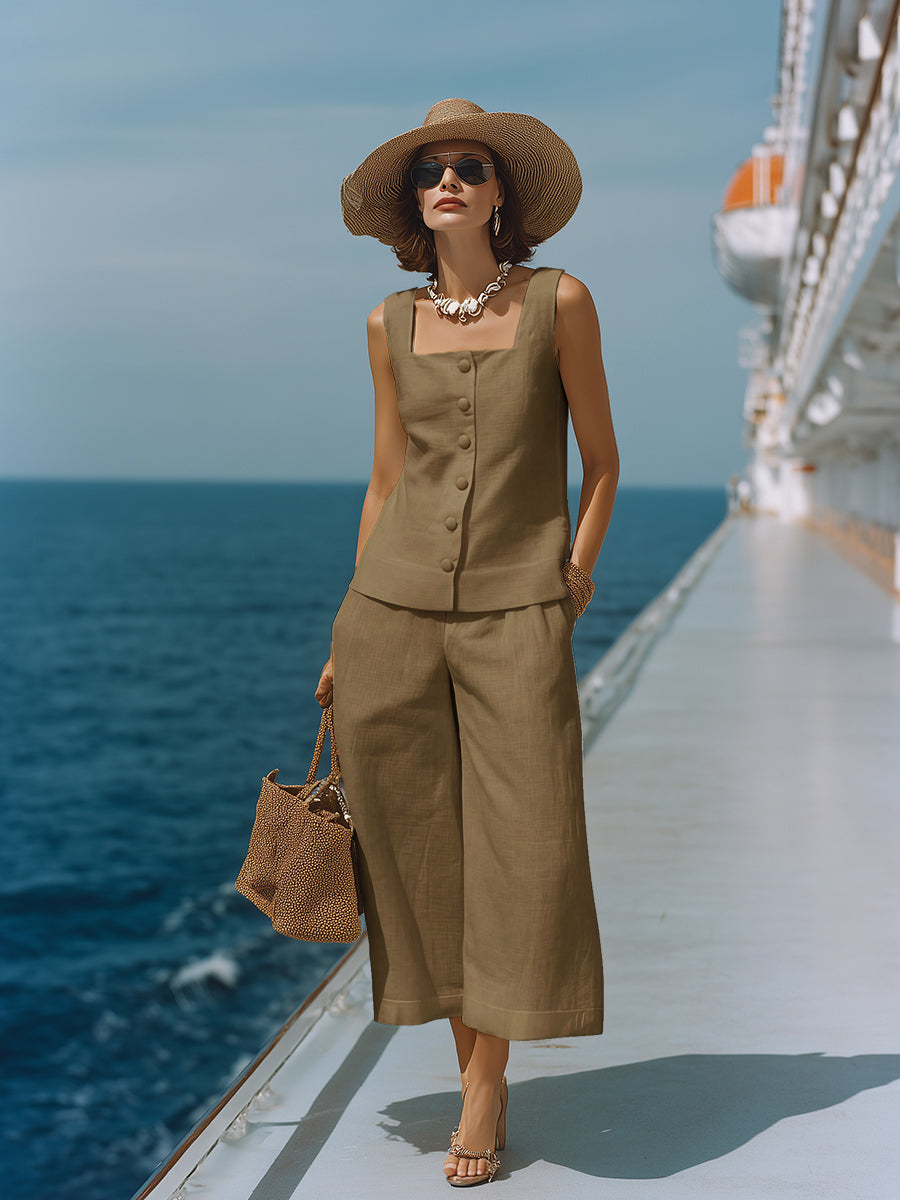 Classic White Cotton-linen Square-neck Top And Capri Pants Set