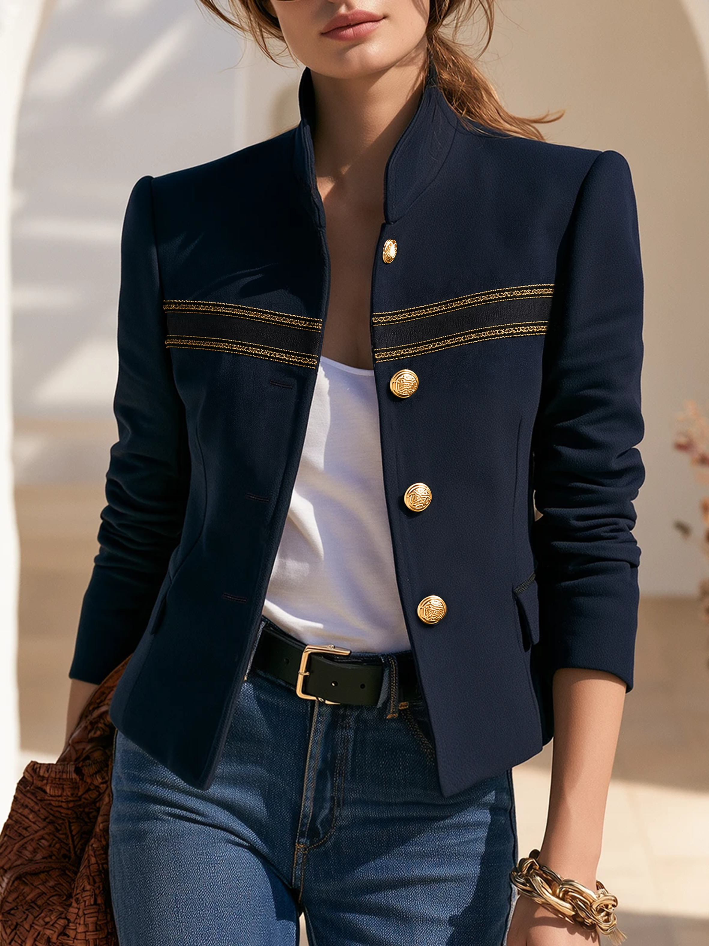 Old Money Gold Ribbon Trim Stand Collar Navy Jacket