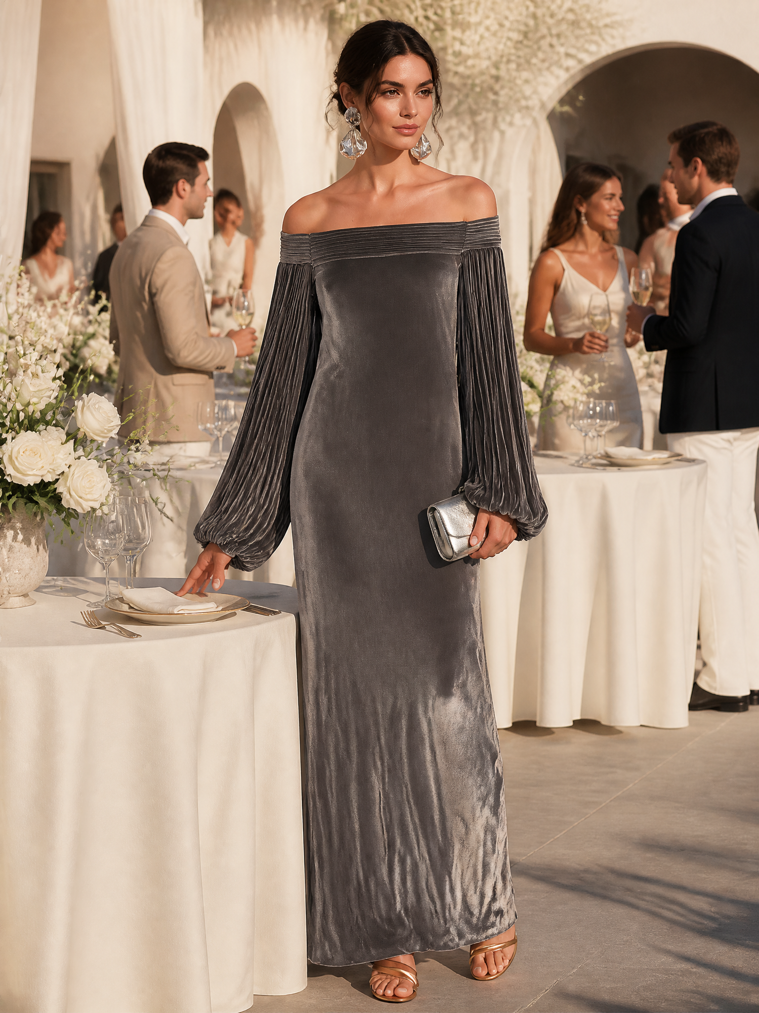 Elegant Evening Off-Shoulder Pleated Bishop Sleeve Velvet Maxi Dress