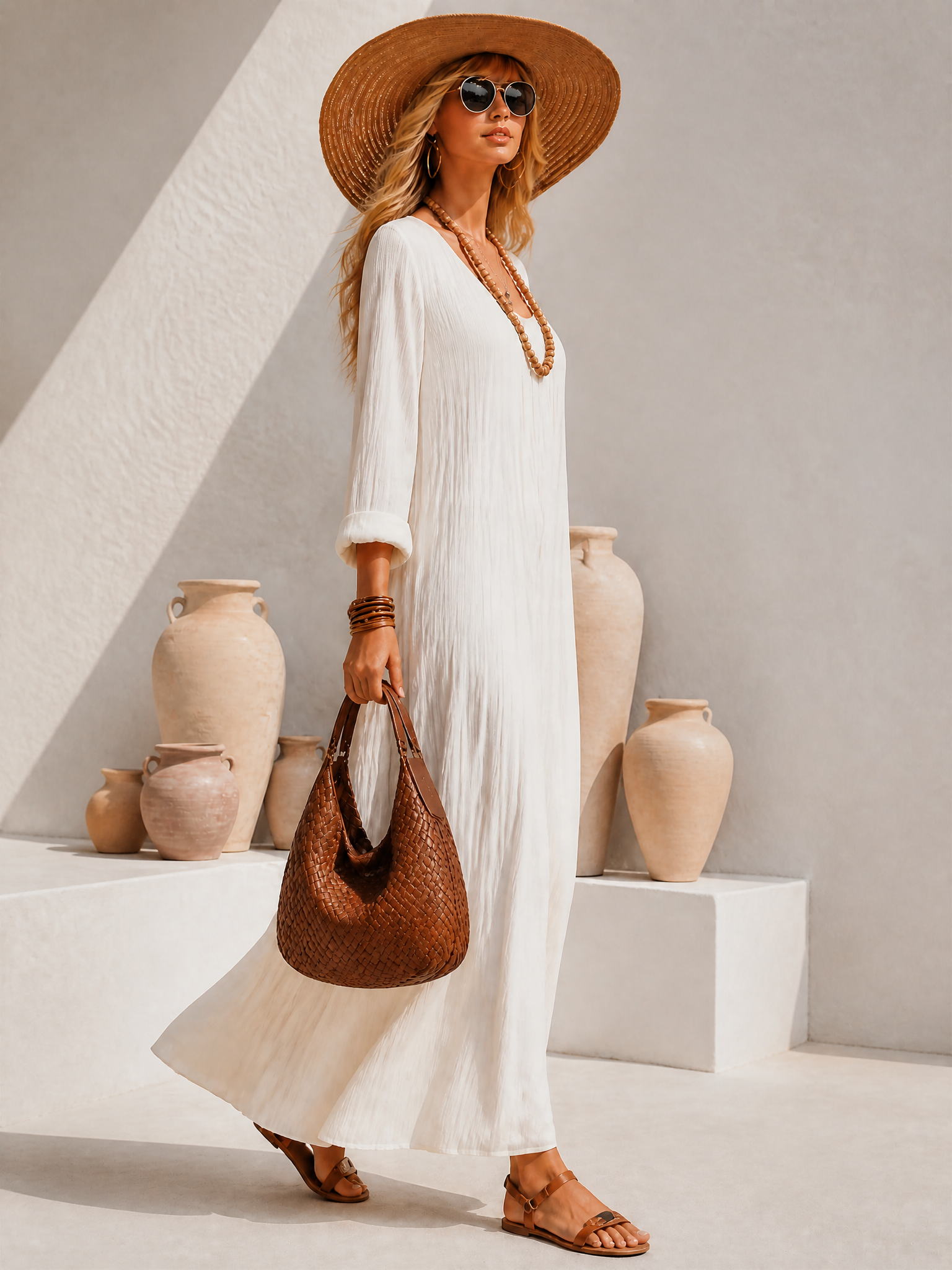 Boho Long Sleeve U-Neck Pleated Chiffon Maxi Dress
