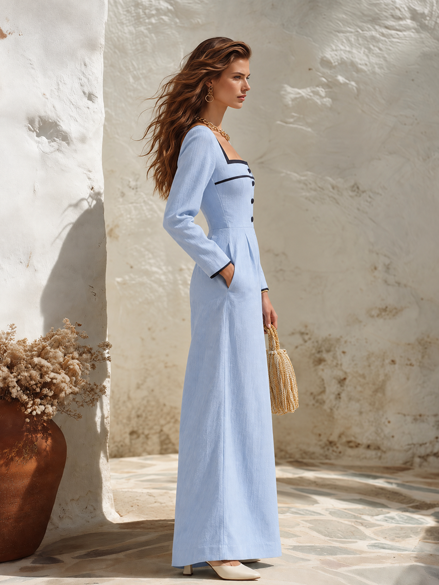 Resort-style Square-neck Long-sleeve Cotton-linen Jumpsuit