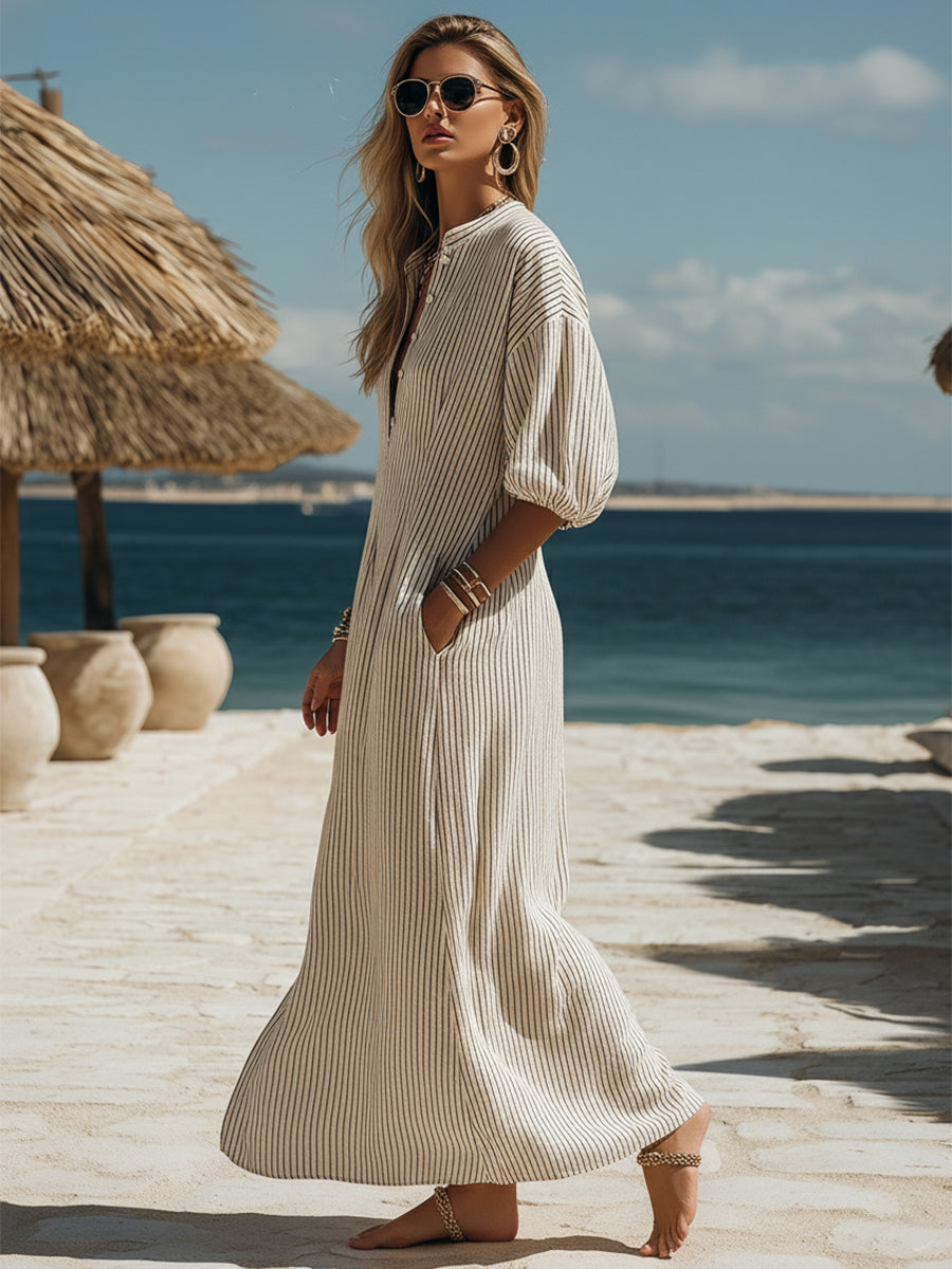 Casual Bohemian Black And Beige Striped Button Midi Dress