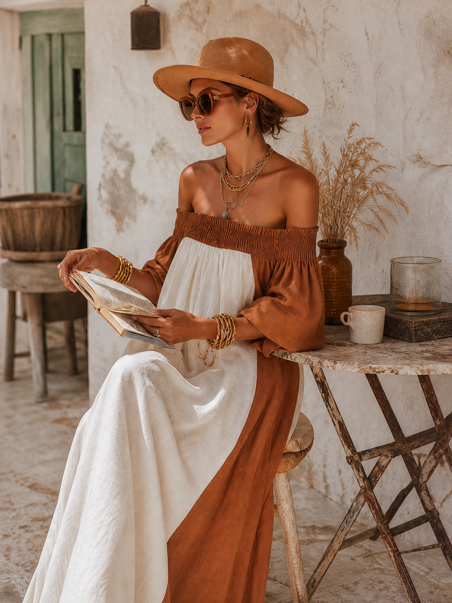 Old Money Off-Shoulder Short-Sleeve Color-Block Cotton-Linen Maxi Dress