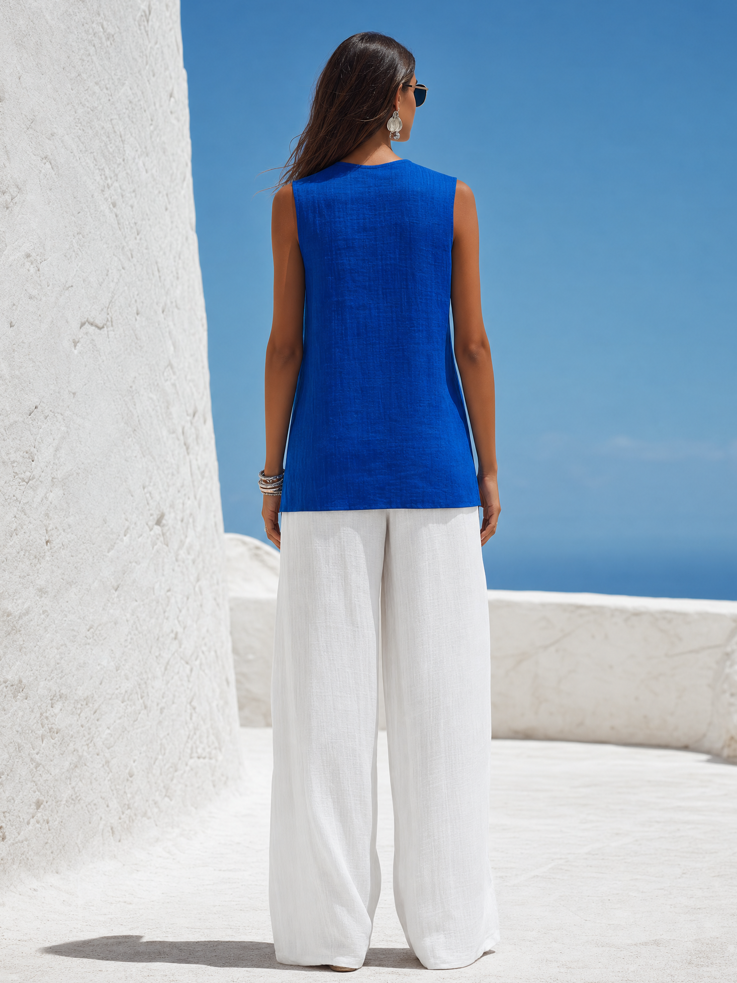 Retro-style Button-down Sleeveless Top And Linen Wide-leg Pants Set