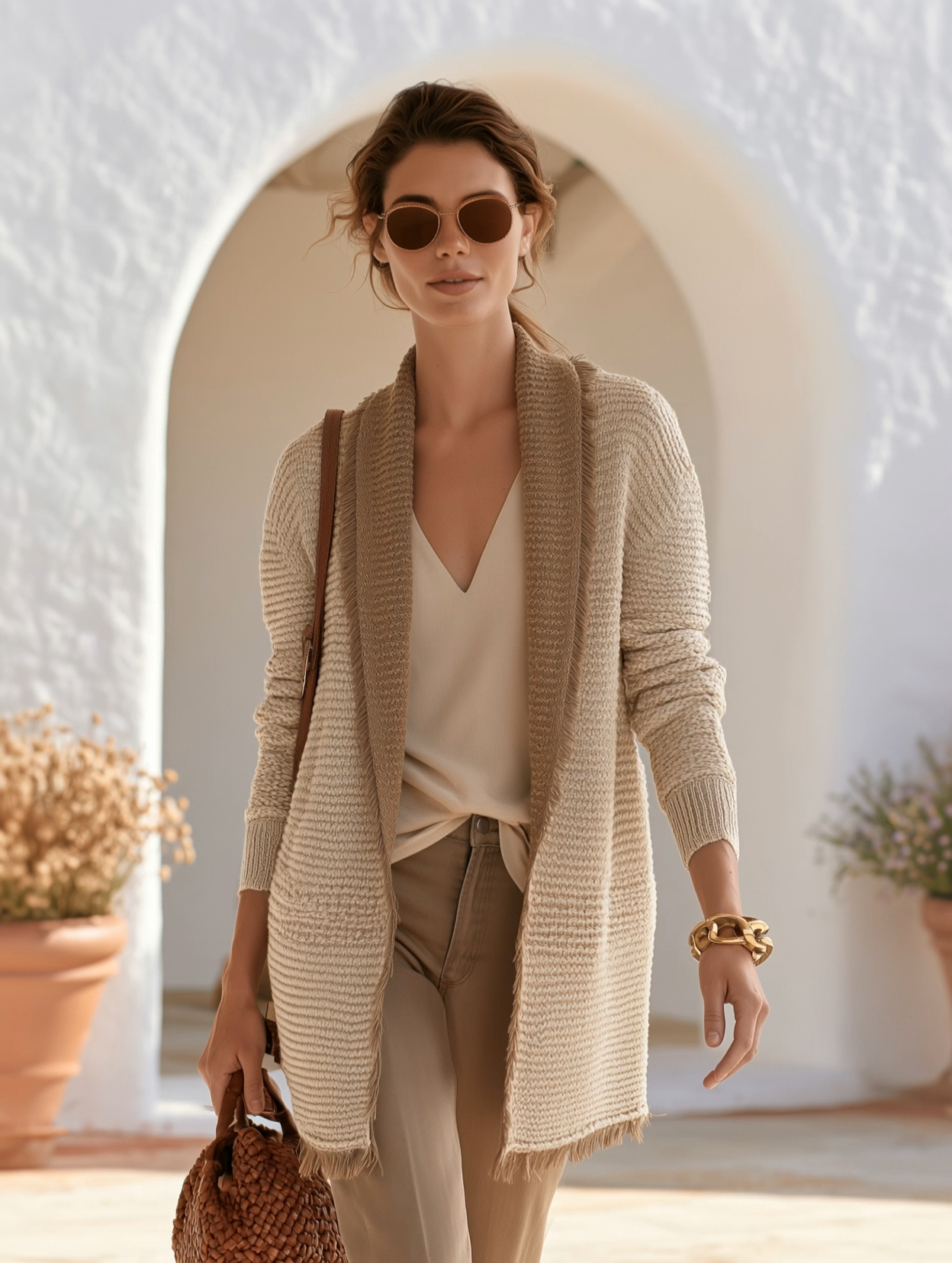 Old Money Open Front Fringe Trim Knit Cardigan
