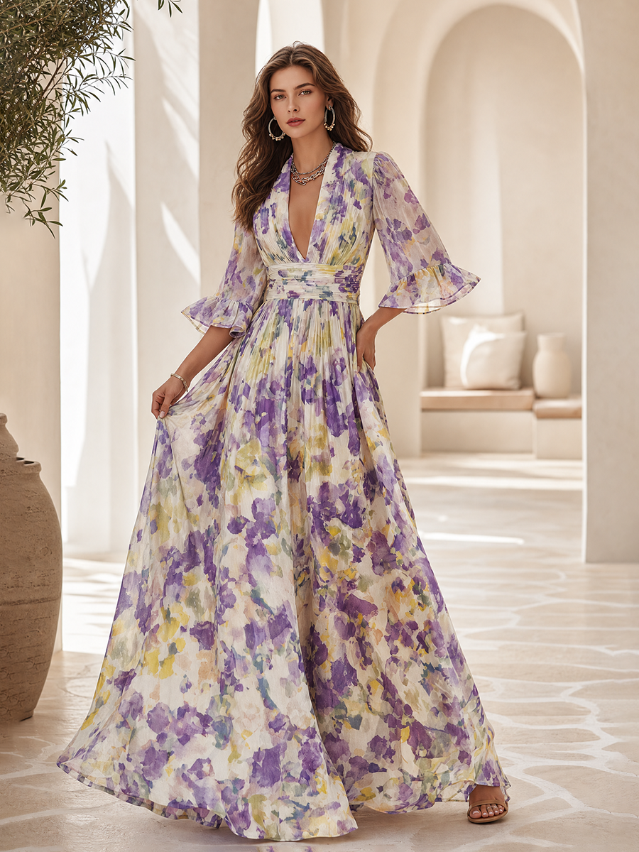 Elegant V-neck Flared Sleeves Floral Print Chiffon Maxi Dress