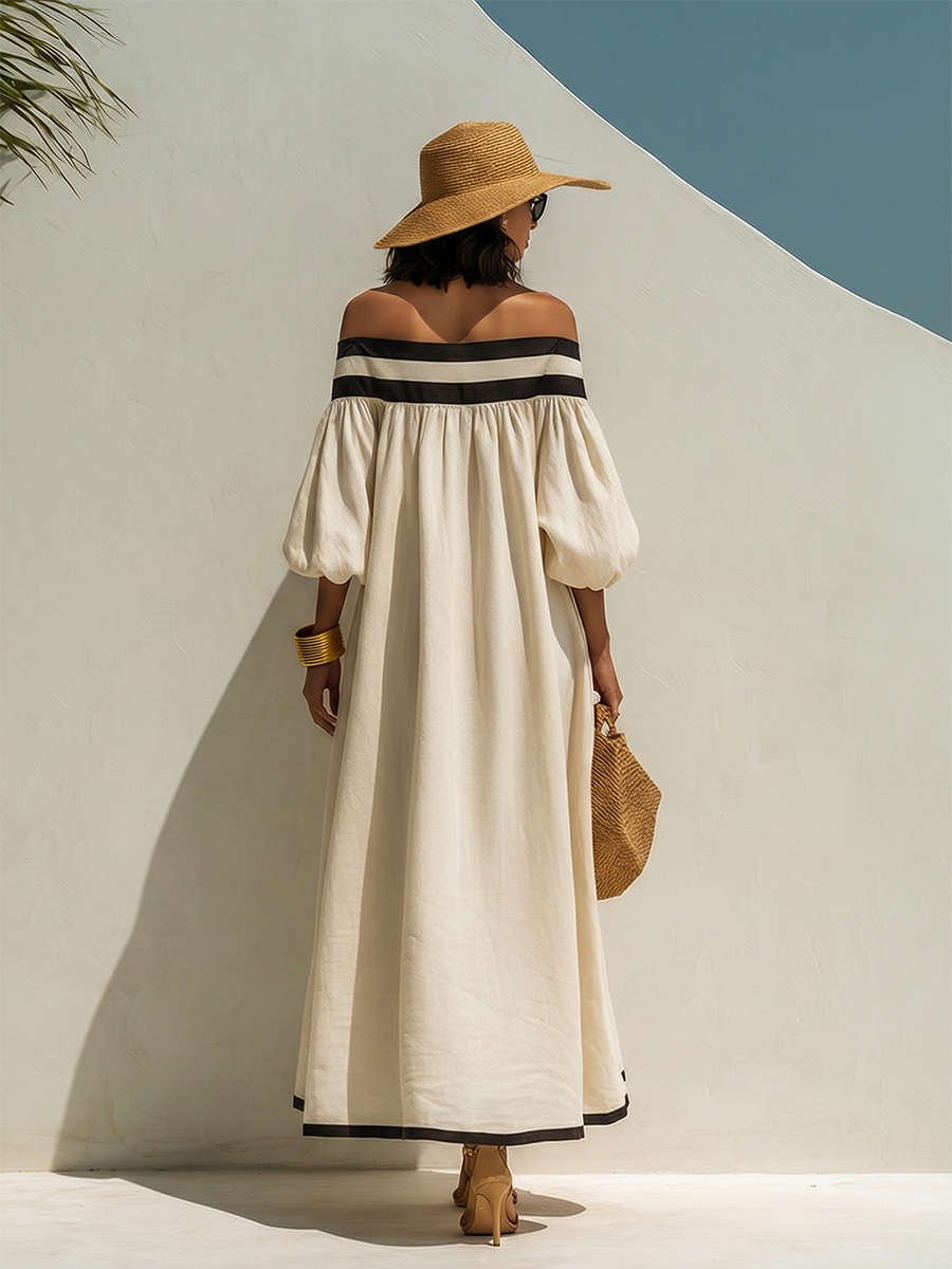 Loose-fitting Color-blocked Off-the-shoulder Beige Cotton-linen Maxi Dress